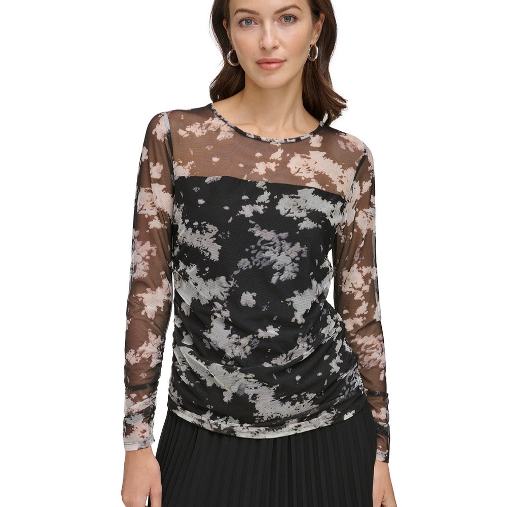 DKNY Women's Printed Mesh Ruched Long-Sleeve Top NWT Size Large